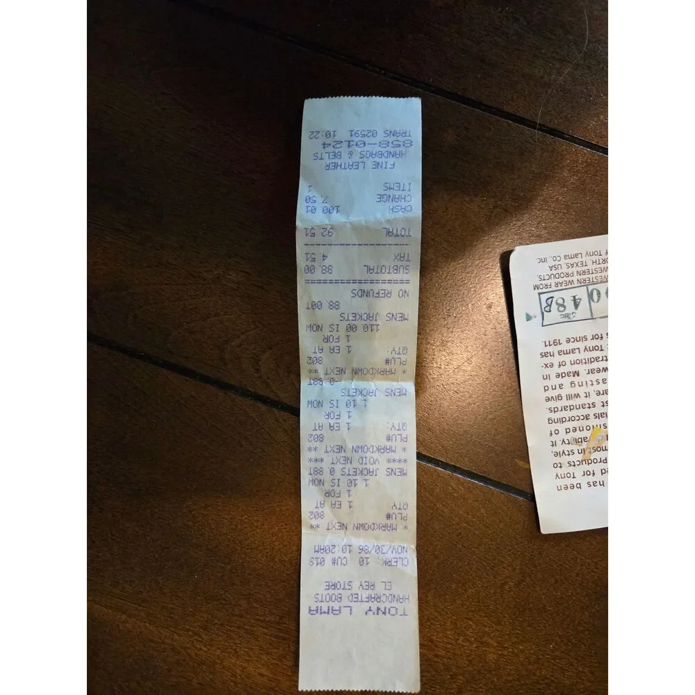 Vintage tony lama leather jacket 11/30/86 original tags.Original receipt.